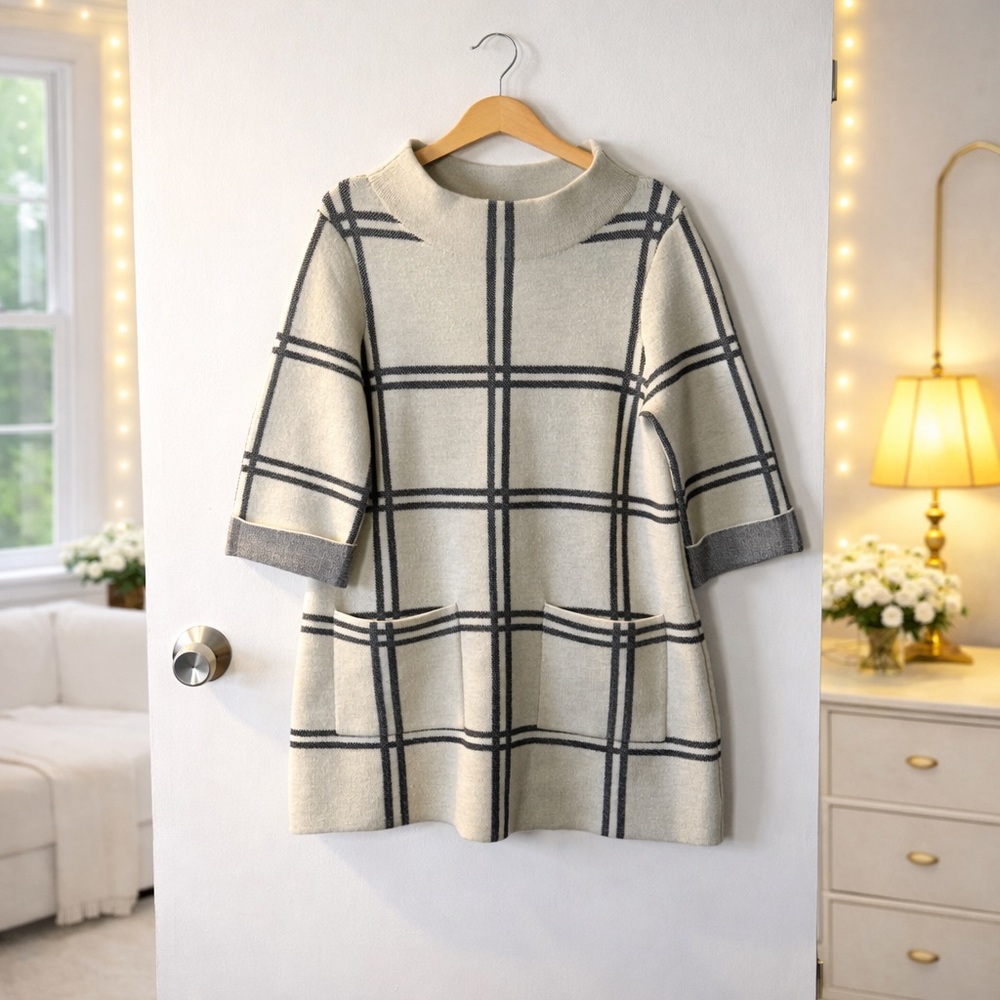 ✨ Anthropologie Moth Wool Cotton Plaid Sweater Dress Pockets Cozy Knit Size M